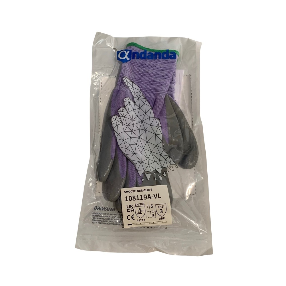 Andanda Smooth NBR Work Gloves Purple Gray Size 7/S 108119A-VL ANSI 3 ABR New